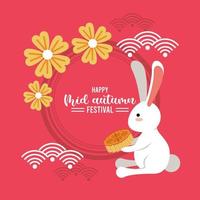 happy mid autumn lettering card with rabbit and fans vector