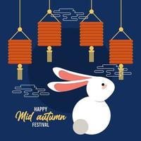 happy mid autumn card with rabbit and lamps hanging vector