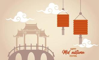 happy mid autumn lettering card with chinese arch and lanterns hanging vector