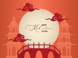 happy mid autumn lettering card with arch and castles vector