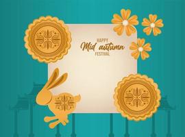 happy mid autumn lettering card with rabbit and flowers square frame vector