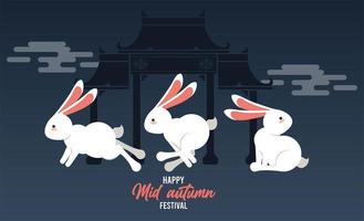 happy mid autumn lettering card with group rabbits jumping vector