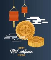 happy mid autumn lettering card with cakes and lanterns vector