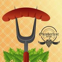 cartel del festival de celebración del oktoberfest con salchicha en tenedor vector