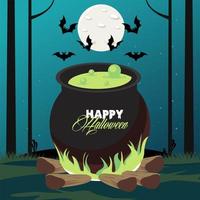 happy halloween celebration card with cauldron and bats flying vector