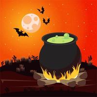 Feliz tarjeta de celebración de halloween con caldero y murciélagos volando escena vector