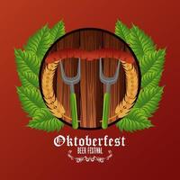 cartel del festival de celebración del oktoberfest con salchichas en tenedores vector