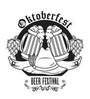 Oktoberfest festival de celebración con sombrero tirolés y jarras de cerveza dibujo vector