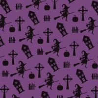 happy halloween card with witches flying and haunted castles pattern vector