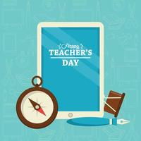 happy teachers day card with tablet elearning and chronometer vector