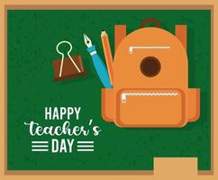 happy teachers day card with schoolbag in chalkboard vector