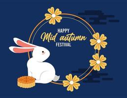 happy mid autumn lettering card with rabbit and flowers circular frame vector