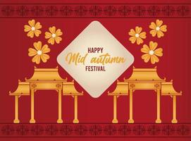 happy mid autumn lettering card with archs chineses and flowers vector