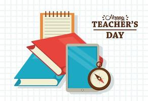 tarjeta del día del maestro feliz con elearning en tableta y libros vector