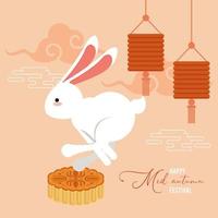 happy mid autumn lettering card with rabbit jump and lanterns vector