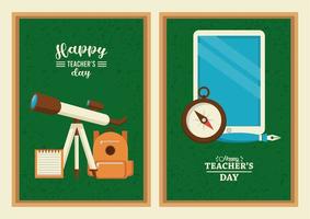 happy teachers day card with tablet elearning and chalkboards supplies vector