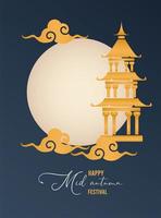 happy mid autumn lettering card with chinese castle vector
