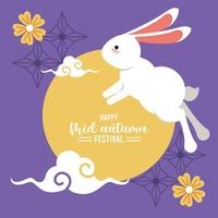 happy mid autumn lettering card with rabbit jump and clouds vector