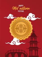 happy mid autumn lettering card with chinese castle and lace vector
