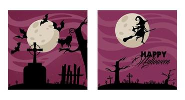 happy halloween celebration card with witch flying in cemetery scenes vector