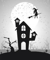 Feliz tarjeta de celebración de halloween con casa embrujada y bruja volando vector