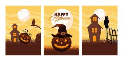 Tarjeta de celebración de feliz halloween con calabazas y escenas de casas embrujadas vector