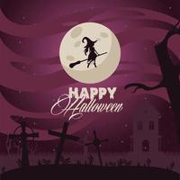 Feliz tarjeta de celebración de halloween con bruja volando a la luz de la luna vector