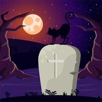 happy halloween celebration card with grave and cat vector