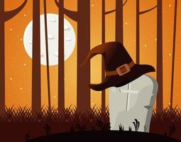 happy halloween celebration card with grave and witch hat vector
