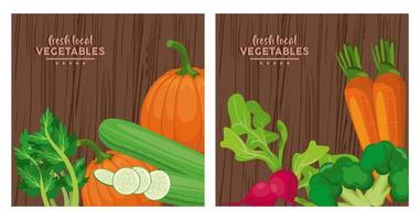 Letras de verduras frescas locales en fondos de madera vector