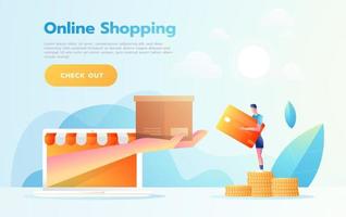 E-commerce or online shopping concept with hands reaching out of a computer screen holding a shopping product. vector