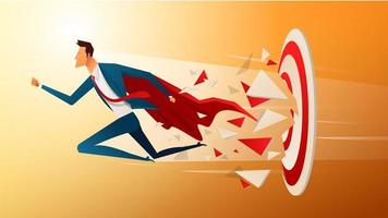 Super businessman running and breaking archery target to success. Business concept of goal and success. vector