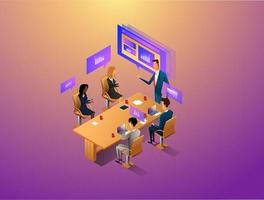 People interacting with graphs and papers while having digital meeting. Workflow and business management. 3D vector isometric illustration.