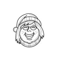 Cabeza de niña vistiendo gorro de Papá Noel y bufanda sonriendo y cantando villancicos vistos desde el frente en línea mono estilo retro en blanco y negro vector