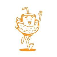 vector illustration of cartoon character coffee cup wore a donut while running