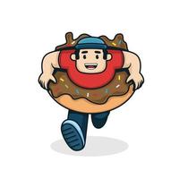 Vector illustration of Donut delivery service running delivery boy with donut surrounding on body