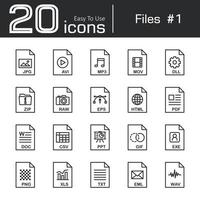 Files icon set 1  jpg  avi  mp3  mov  dll  zip  raw  eps  html  pdf  doc  csv  ppt  gif  exe  png  xls  txt  eml  wav vector