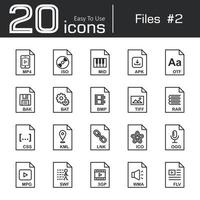 Files icon set 2  mp4  iso  mid  apk  otf  bak  bat  bmp  tif  rar  css  kml  ink  ico  ogg  mpg  swf  3gp  wma  flv vector