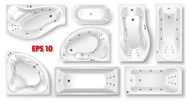 Set of white Jacuzzis and tubs top view View in terms of bathroom design and advertising In 3D realistic style Isolated on a white background Vector illustration