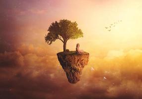 Composite fantasy of a surreal background with little girl sitting on floating island throwing paper airplanes photo