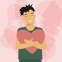 Cute Smiling Man Hugging a Big Heart vector