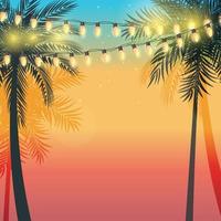 diseño de vacaciones de verano puesta de sol con hojas de palmera y bombillas de guirnalda amarilla vector