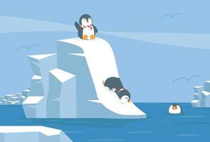 Penguins sliding down snowy slope into water vector