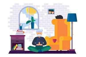 Grandfather training yoga exercise at home vector