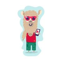 Lama wear style clothes holding smartphone vector