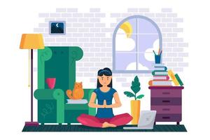 mujer haciendo ejercicio y meditando yoga en casa vector