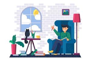 Man reading education book at home library vector