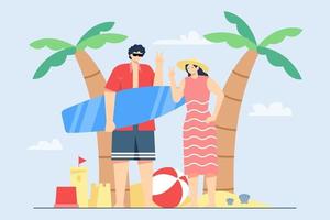 actividad de vacaciones de verano en la playa ilustración en estilo plano vector