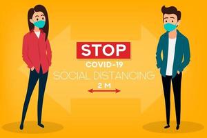 concepto de distancia social personas con máscara médica detener la prevención del coronavirus covid19 vector