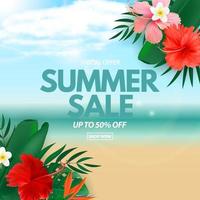 Summer sale poster Natural Background with Tropical Palm and Monstera Leaves exotic flower vector